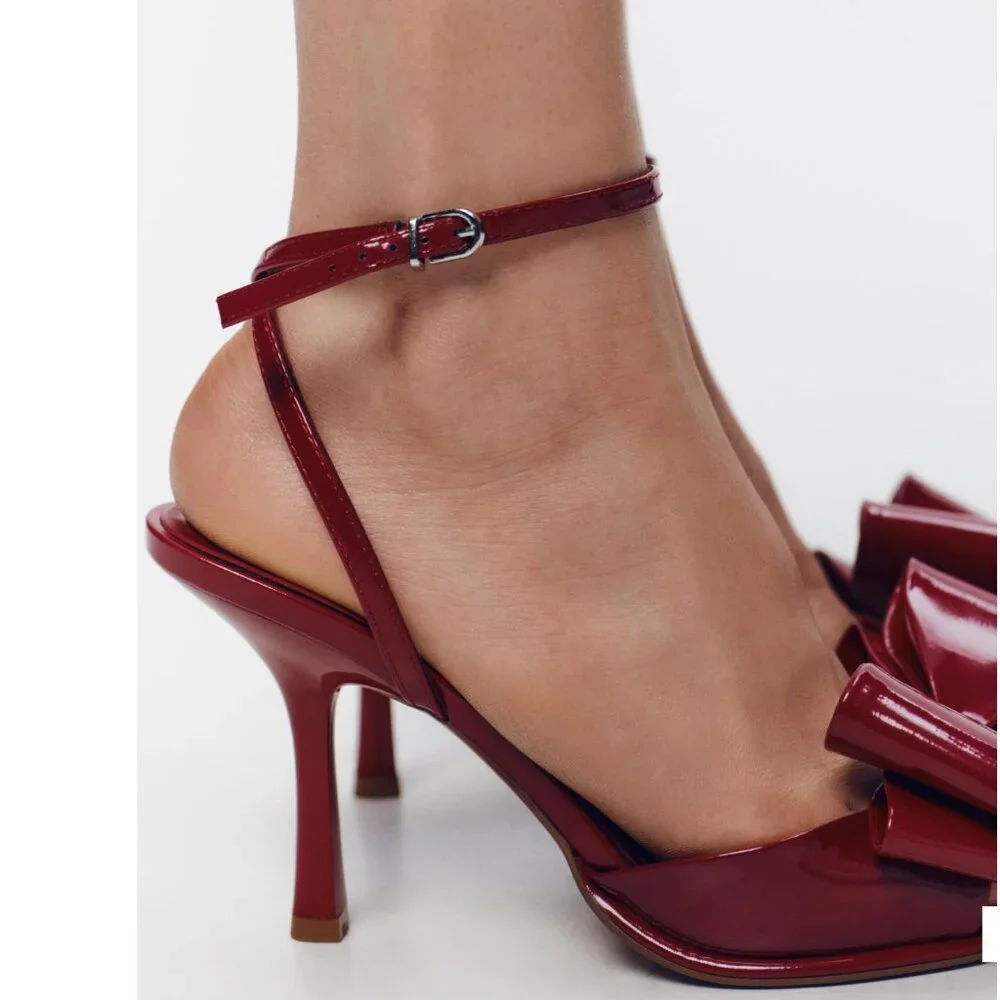 Zara Patent Leather Effect Bow Heel Sandal NWT Strawberry Red Size 37/ 6.5 - Picture 6 of 10